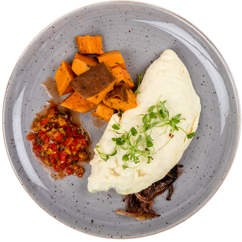 Breakfast - Sauteed Onion Omelet with Pepper Salsa and Roasted Sweet Potatoes